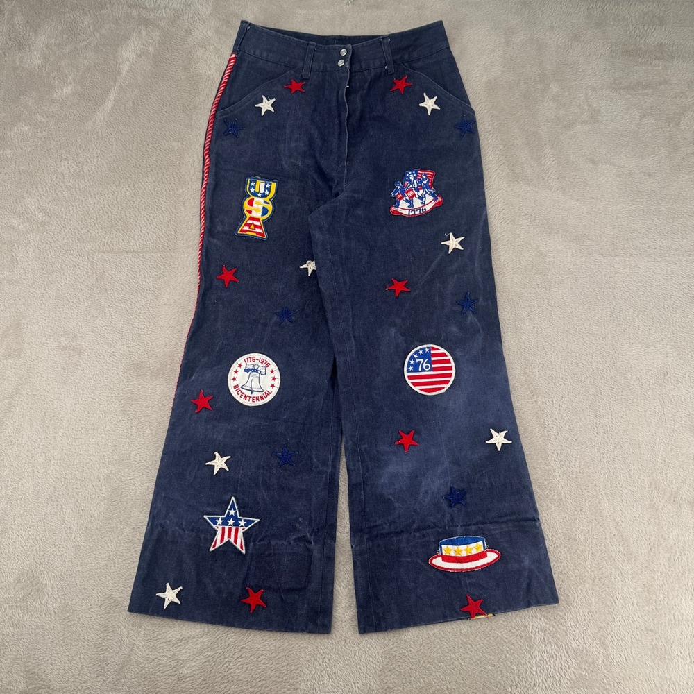 VTG 80s Bicentennial 1776 Patch‎ Denim Flare Jeans Womens 10 Blue Patriotic USA